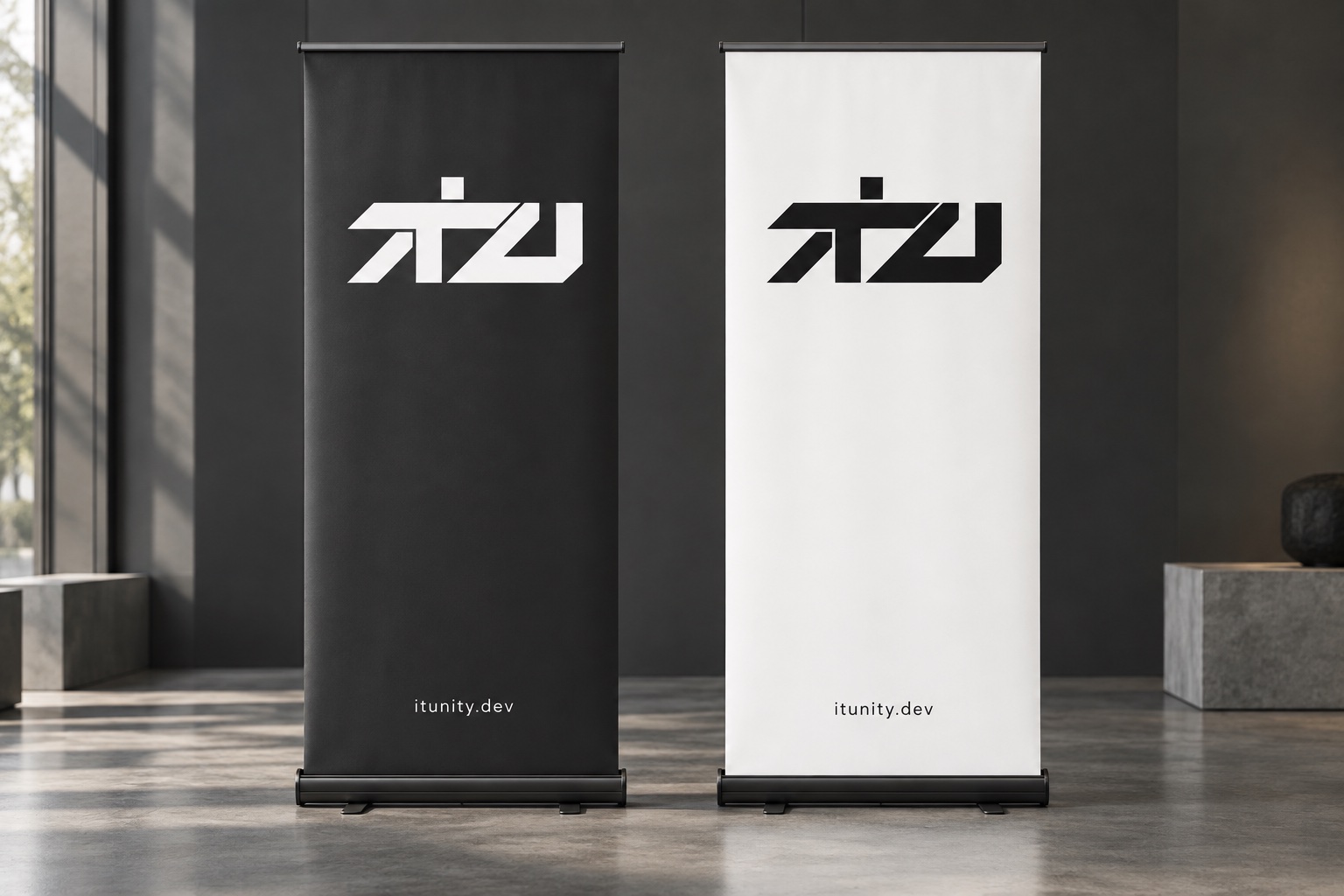 Black and white roll-up banners